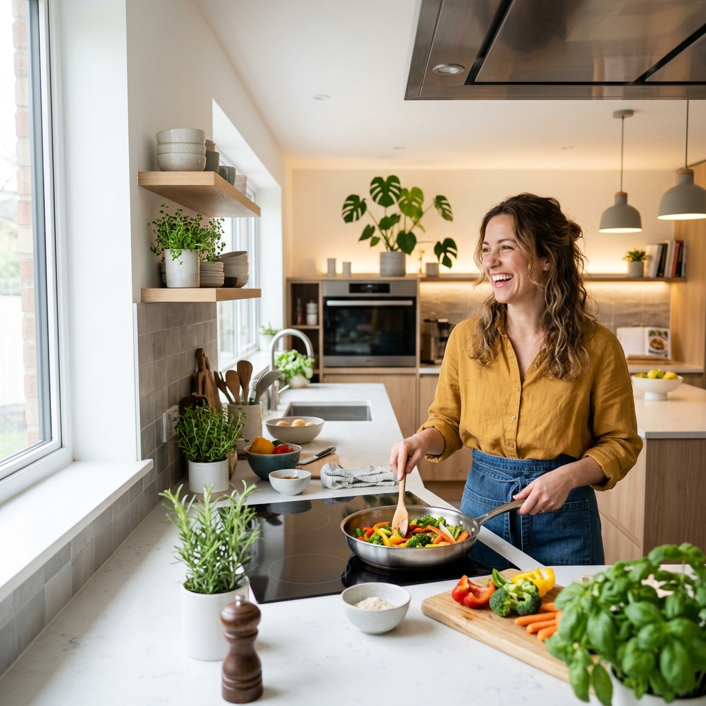 Mulher feliz cozinhando
